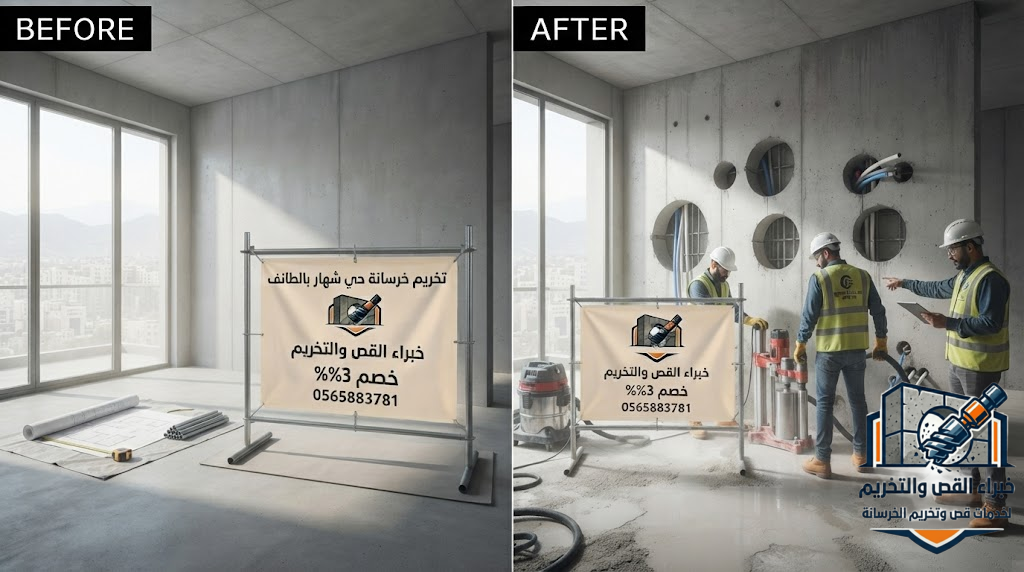 تخريم خرسانة حي شهار بالطائف باستخدام أجهزة الكور الماسي لتنفيذ فتحات المكيفات والسباكة والكهرباء والمصاعد بدقة عالية وبدون تكسير